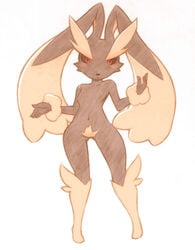 1girls animal_ear barefoot biggysix breasts female furry highres lopunny nintendo no_humans nude pokemon pokemon_(species) pubic_hair red_eyes shrug solo