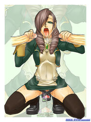 aozoraichi black_legwear black_thighhighs capcom censored daniella demento dildo double_handjob dress green_eyes hair_over_one_eyes handjob haunting_ground multiple_penises open_mouth penis pussy_juice squat squatting sweat thighhighs tied_hair tongue twintails wet