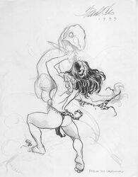 1990s 1999 20th_century basement_comics black_and_white cavewoman dinosaur frank_cho meriem_cooper sketch tagme text topless