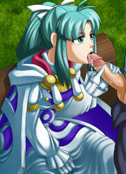 bench blue_hair clothed cum daytime fellatio female golden_sun grass green_eyes hair incognitymous long_jaw male mia_(golden_sun) oral outside penis robe straight