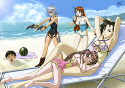 1boy 4girls amy_(bakuretsu_tenshi) bakuretsu_tenshi beach big_breasts bikini blindfold blue_eyes boot burst_angel crying desert_eagle dual_wielding gun hand_behind_head handgun holster impossible_swimsuit jo_(bakuretsu_tenshi) jo_carpender kyouhei_tachibana long_hair meg_(bakuretsu_tenshi) megumi_mitarai multiple_girls red_hair sei_(bakuretsu_tenshi) sei_laoban short_hair sleeping swimsuit white_hair