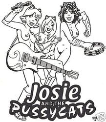 archie_comics casual copyright_name dark_skin david_farley electric_guitar fake_ears female female_only footwear guitar handwear hanna-barbera human josie_and_the_pussycats josie_mcoy melody_valentine monochrome musical_instrument nipples pale_skin tagme tambourine valerie_brown