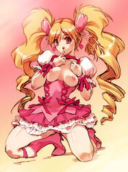 1girls blonde_hair blush boots breasts clothing cure_peach dress drill_hair fresh_precure! fresh_pretty_cure fresh_pretty_cure! frills heart hisahiko kneeling long_hair magical_girl momozono_love nipples panties pink_eyes precure pretty_cure red_eyes shiny small_breasts smile solo tied_hair twintails