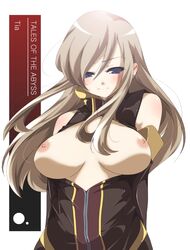 1girls bare_shoulders blue_eyes breasts brown_hair character_name female female_only huge_breasts large_breasts long_hair nipples no_bra open_clothes open_shirt shirt solo tales_of_(series) tales_of_the_abyss tear_grants title_drop yamazaki_kazu