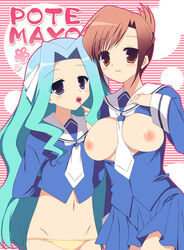 aqua_hair blue_eyes blush breasts brown_eyes brown_hair candy framed_breasts kasugano_nene kyou_takamimori lollipop long_hair lowleg multiple_girls navel necktie nene_kasugano nipples no_bra open_clothes open_shirt panties potemayo school_uniform shirt short_hair sumii takamimori_kyo takamimori_kyou underwear very_long_hair