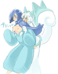 assisted_exposure blush breasts color cosplay duo exposed_breasts female female_only human multiple_females multiple_girls pachirisu pachirisu_(cosplay) piplup piplup_(cosplay) pokemon pokemon_(cosplay) pokemon_(species) tagme white_background yumiya