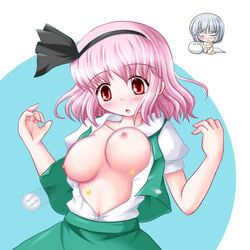 blush bouncing_breasts breasts bursting_breasts buttons chibi cosplay ghost hairband hitodama multiple_girls myon navel nipples nude pink_hair red_eyes riku_(pixiv) riku_(rikkuru) short_hair silver_hair surprised tear touhou wardrobe_malfunction youmu_konpaku youmu_konpaku_(cosplay) youmu_konpaku_(ghost) yuyuko_saigyouji