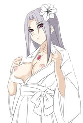 breasts date_(artist) flower ga-rei ga-rei_zero hair hair_flower hair_ornament isayama_mei japanese_clothes kimono large_breasts long_hair mei_isayama nipples open_clothes open_robe pointy_chin sesshouseki silver_hair