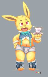 4_fingers alternate_version_at_source anthro bulge butt_from_the_front clothing eeveelution fingers front_view fur genital_outline grey_background grey_clothing grey_underwear hand_on_hip hi_res holding_object jolteon lambent male male_only nintendo pokémon_(species) pokemon pose simple_background solo standing teeth toeless_footwear tongue underwear video_games yellow_body yellow_ears yellow_fur