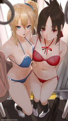 2girls :o armpits arms_behind_back asymmetrical_hair backlighting bag bangs bare_arms bare_shoulders black_hair black_legwear blonde_hair blue_bra blue_eyes blue_panties blue_scrunchie blue_underwear blurry bra breasts brown_cardigan cardigan clavicle cleavage closed_mouth depth_of_field dishwasher1910 erect_nipples erect_nipples_under_clothes female female_only folded_ponytail gluteal_fold groin hair_between_eyes hair_ornament hair_ribbon hair_scrunchie halterneck hayasaka_ai high_resolution human kaguya-sama_wa_kokurasetai_~tensai-tachi_no_renai_zunousen~ kneehighs lace lace-trimmed_bra lace_trim large_breasts long_hair looking_at_viewer medium_breasts multiple_girls navel neck_ribbon nipples off_shoulder open_mouth pantsu parted_bangs picot_trim picot_trim_bra picot_trim_panties ponytail red_bra red_eyes red_neckwear red_panties red_ribbon ribbon scrunchie shinomiya_kaguya shoes side-tie_panties side_ponytail smile standing stomach strap_gap string_bra string_panties thigh_gap thighs tied_hair train train_interior underwear underwear_only upper_teeth viewed_from_above watermark white_footwear