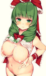 bangs blunt_bangs blush bow breasts censored closed_mouth collarbone commentary_request cowboy_shot cum cum_on_body cum_on_breasts cum_on_upper_body eyebrows_visible_through_hair eyelashes female frilled_ribbon frills front_ponytail green_eyes green_hair groin hair_ribbon hairbow highres kagiyama_hina large_breasts long_hair looking_at_viewer maremay0513 mosaic_censoring navel nipples nude pubic_hair red_bow red_ribbon ribbon sidelocks solo standing stomach touhou wrist_ribbon