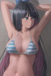 1girl 1girls absurdres armpits arms_behind_head arms_up bare_arms bare_shoulders big_breasts bikini black_hair blue_bow blue_eyes bow breasts cleavage closed_mouth collarbone expressionless eyeliner female female_only hairbow halter_top halterneck highres large_breasts long_hair looking_away looking_to_the_side makeup multicolored_hair navel panty_&_stocking_with_garterbelt purple_hair ribbon shadow solo stocking_anarchy stomach streaked_hair striped striped_bikini swimsuit two-tone_hair upper_body very_long_hair yohan1754