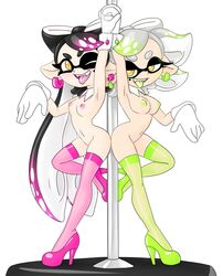 2girls animal_humanoid ass beauty_mark breasts callie_(splatoon) cephalopod cephalopod_humanoid collar earrings female gloves gold_eyes green_nipples half-closed_eyes high_heels humanoid inkling looking_at_viewer marie_(splatoon) mole mole_under_eye multicolored_hair multiple_girls naked naked_footwear naked_heels naked_stockings naked_thighhighs nintendo nipples nude nude_female one_eye_closed pink_nipples pole pole_dancing seductive simple_background splatoon splatoon_2 squid_sisters stockings tentacle tentacle_hair thick_thighs thighhighs thousandarms tongue tongue_out