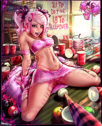 1girls beer_keg belle_delphine braces breasts brown_eyes cameltoe cheerleader eyeliner female female_only nipple_piercing panties pierced_nipples piercing pink_hair pom_poms pool_ball pool_table pussy seductive shadman shoes skirt small_breasts sneakers socks solo spread_legs twintails