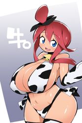 1girls abarabone94 big_breasts blue_eyes blush cow_bikini cowbell eye_contact female gloves happy huge_breasts human long_hair looking_at_viewer nintendo pale-skinned_female pale_skin pokemon pokemon_bw red_hair shortstack skyla_(pokemon) solo standing text thick_thighs thighhighs wide_hips