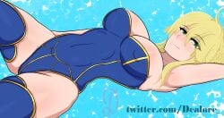 armpits arms_up artoria_pendragon big_breasts blonde_hair dealore fate/grand_order fate/stay_night fate/zero fate_(series) green_eyes huge_breasts huge_nipples lying_on_back nipple_bulge saber smiling_at_viewer smug_face smug_grin thick_thighs thighs