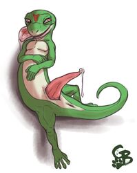 absurd_res anthro anus big_penis bodily_fluids day_gecko drooling erection gecko geico geico_gecko genital_fluids genitals goldeyboi green_body hi_res lizard looking_away lying male male_only mascot narrowed_eyes nude on_back penis precum reptile saliva scalie solo squint tapering_penis tongue tongue_out