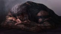 1boy 1girls 1monster blindfold blonde_hair blood-raven-13 bloodborne clothed_male_nude_female detailed dilf father_gascoigne fromsoftware husband_and_wife larger_male licking male married_couple milf monster muscular_male nightmare_husbando painting_(artwork) raven-blood-13 sharp_teeth size_difference tongue torn_clothes viola_(bloodborne) werewolf