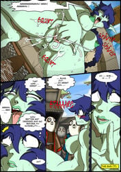 1girls blue_hair comic elf female fingering_pussy green_skin groping_breasts mad-project masturbation ninja public skylanders stealth_elf sweat text undressing