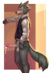 2020 anthro balls beastars blush bodily_fluids canid canine canis closed_eyes clothing cum genital_fluids genitals humanoid_genitalia humanoid_penis legoshi_(beastars) male male_only mammal necktie penis shirt solo topwear vest wolf zeta-haru