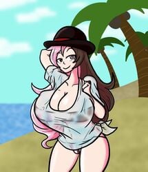 big_breasts bikini deto_the_tiddu hat heterochromia multicolored_hair neo_(rwby) rwby see-through wet_shirt