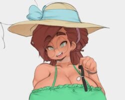 big_breasts big_cleavage blue_eyes breasts_bigger_than_head choker cleavage dress glasses hat huge_breasts long_hair monkeywithaafro no_bra open_mouth original original_character ponytail raelynn_(monkeywithaafro) sundress sunhat tan tanline