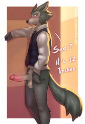 2020 anthro balls beastars blush canid canine canis clothing english_text genitals humanoid_genitalia humanoid_penis legoshi_(beastars) male male_only mammal necktie penis shirt solo text topwear vest wolf zeta-haru