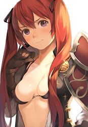 1girls blush bra breasts breasts_out brown_eyes female female_only fire_emblem fire_emblem_fates fringe looking_at_viewer medium_breasts pale_skin purple_eyes red_eyes red_hair selena_(fire_emblem_fates) severa_(fire_emblem) shy twintails