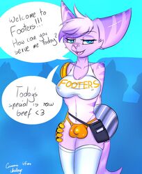 anthro anthro_only breasts bulge clothing english_text erect_nipples furry furry_only futa_only futanari gamermac gynomorph hi_res hooters hooters_uniform imminent_sex intersex legwear lombax mammal nipples rape_face ratchet_and_clank rift_apart_lombax rivet_(ratchet_and_clank) text thigh_highs video_games