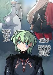 ass byleth_(fire_emblem) byleth_(fire_emblem)_(male) comedy edelgard_von_hresvelg english_text fire_emblem fire_emblem:_three_houses green_eyes green_hair hips humor kinkymation milf nintendo pervert platinum_blonde_hair rhea_(fire_emblem) text thinking
