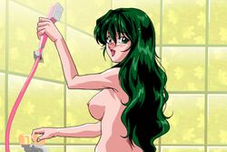 1girls 90s arisa_(vision) arm_up armpits back bathroom blush breasts eyebrows_visible_through_hair female female_only game_cg green_eyes green_hair happy holding_object holding_shower_head indoors long_hair looking_at_viewer lowres matching_hair/eyes medium_breasts nipples nude open_mouth shower_head sideboob smile sogna solo tile_wall tiles tongue viper_(series) viper_island vision_(series) vision_2_(game)