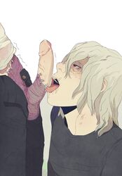 2boys artist_request blowjob bodily_fluids burn_scar clothing cum dabi facial fellatio gay genital_fluids genitals licking licking_penis male male/male male_only my_hero_academia oral oral_sex penis precum precum_drip red_eyes scar scars shigaraki_tomura shimura_tenko todoroki_touya tomura_shigaraki tongue touya_todoroki white_background white_hair yaoi