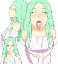 after_deepthroat after_fellatio clothed_female cum cum_in_mouth fire_emblem fire_emblem:_three_houses green_eyes green_hair milf nintendo rhea_(fire_emblem) swallowing_cum text throat tongue tongue_out toruchi