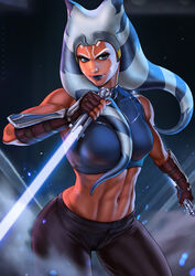 1girls abs ahsoka_tano bare_shoulders black_lips blue_eyes breasts clone_wars dandon_fuga energy_sword female fingerless_gloves gauntlets gloves headwear high_resolution large_breasts lightsaber looking_at_viewer midriff navel orange_skin pants pose solo standing star_wars sword tattoos the_clone_wars:_season_seven togruta weapon wide_hips