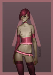 ava_(borderlands) blush borderlands borderlands_3 breast choker female flat_chest freckles knee_socks microskirt naked nipples nude pink_hair pussy shaved_pussy socks solidq solo young