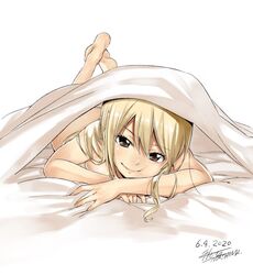 barefoot bed bed_sheet blanket blonde_hair blush breasts brown_eyes chin_rest crossed_arms fairy_tail feet female large_breasts legs_up long_hair looking_at_viewer lucy_heartfilia lying mashima_hiro naked_sheet nude on_bed on_stomach smile under_covers