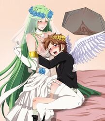 bride cowgirl_position green_hair hentai_foundry implied_marriage kid_icarus kid_icarus_uprising larger_female lingerie nintendo palutena pit pit_(kid_icarus) size_difference smaller_male tagme thequeenzelda wedding wedding_dress wedding_night wedding_veil wings