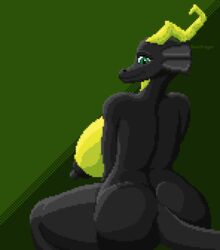 anthro ass big_breasts big_butt big_nipples black_body black_nipples breasts curvy_figure digital_media_(artwork) dragon female green_background green_body green_eyes green_horn green_scales horn huge_breasts kaya_(knockedoutdragon) knockedoutdragon looking_at_viewer looking_back nipples pixel_art rear_view scales side_boob simple_background solo wingless_dragon