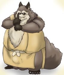 2020 absurd_res anthro balls big_balls brown_body brown_fur bulge canid canine clothing fur genitals heisei_tanuki_gassen_ponpoko hi_res humanoid_hands inugami_gyoubu_(pom_poko) kemono male male_only mametanu_tanuki mammal overweight overweight_male pom_poko raccoon_dog robe simple_background solo studio_ghibli tanuki testicles white_background