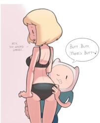 adventure_time age_difference ass ass_grab back black_panties blonde_hair butt_grab english_text finn_the_human hands incest larger_female minerva_campbell mob_face mother mother_and_child mother_and_son older_female panties shiny_skin sideboob singing smiling son straight_hair ta777371 thighs underwear white_background younger_male