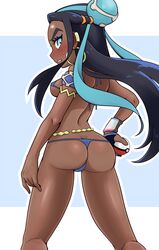 1girls ass big_ass blue_eyes blue_hair blush breasts dark-skinned_female dark_skin earrings eye_contact female hair_ornament human long_hair looking_at_viewer looking_back micro_bikini nessa_(pokemon) nintendo pokeball pokemon pokemon_ss sideboob sweat thighs tsubasa_(godbardtsubasa) two_tone_hair wide_hips