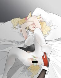 arknights bar_censor bed_sheet black_gloves black_skirt blonde_hair bow breasts censored covering_face feet female gloves green_panties hair_ribbon hairbow highres holding_another's_foot indoors long_sleeves lying medium_breasts on_back open_mouth panties pantyhose pillow red_bow red_gloves red_ribbon ribbon saliva shinnasuka025 skirt sora_(arknights) sweat tail texas_(arknights) torn_clothes torn_legwear twintails underwear vibrator vibrator_under_clothes vibrator_under_panties white_legwear wolf_tail yuri