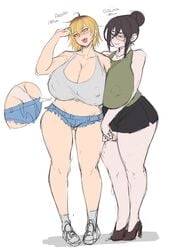 2girls bagubaki big_breasts black_hair blonde_hair blushing female_focus female_only fingering glasses huge_breasts measurements milf multiple_girls nipple_bulge short_hair shorts tagme yuri