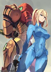 1girls armor artist_request bodysuit breasts cameltoe female firearm handgun human large_breasts metroid nintendo pale_skin power_armor power_suit samus_aran skin_tight solo tight_clothing tight_fit varia_suit weapon zero_suit zero_suit_samus