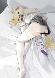 anal anal_beads anal_beads_tail anal_object_insertion anal_tail animal_ear_fluff animal_ears arknights arms_behind_back ball_gag bar_censor bed bed_sheet black_blindfold black_skirt blindfold blonde_hair bondage bound bound_wrists bow censored fake_tail female gag gagged hair_ribbon hairbow highres lying object_insertion on_side pantyhose pillow red_bow red_ribbon ribbon saliva sex_toy shinnasuka025 shirt skirt solo sora_(arknights) tail torn_clothes torn_legwear vaginal_object_insertion vaginal_penetration vibrator white_legwear white_shirt wolf_ears