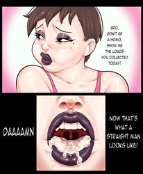 1boy black_lipstick bukkake chubby cid_kallms cooper_(cid_kallms) crossdressing cum cum_in_mouth eyeshadow femboy gay girly lipstick makeup open_mouth sissy solo solo_focus teeth tongue trap uvula yaoi