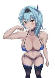 abs absurd_res belly_button big_breasts bikini bikini_bottom bikini_top blue_bikini blue_bikini_bottom blue_bikini_top blue_hair blush breasts cleavage collarbone dnumde eula_(genshin_impact) genshin_impact hair_between_eyes hair_ornament hairband hi_res highres hips huge_breasts large_breasts looking_at_viewer micro_bikini midriff nipple_bulge plain_background shiny_skin short_hair simple_background stockings thick thick_thighs thigh_boots thigh_gap thigh_strap thighhighs thighs white_background wide_hips yellow_eyes