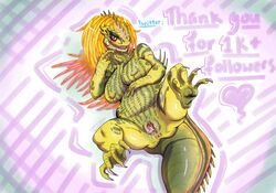 anthro anthrofied anus bed black_eyes blush breasts capcom claws cum cum_in_pussy cum_inside dinosaur fangs female female_only genderswap great_jagras hair laying_down monster_hunter monster_hunter_world nipples open_mouth open_smile pussy smile solo sugarbeasts-07 tail vagina yellow_hair