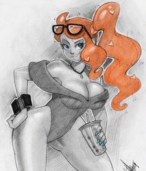 big_breasts blue_eyes breasts drink eyewear female glasses_on_head human necklace oddabellatay orange_hair pokemon pokemon_ss sketch solo sonia_(pokemon) sweater thick_thighs todd_l._milhouse toddabella watch wristwear