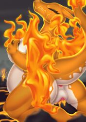 anthro ass belly breasts chari-gal charizard closed_eyes dragon eyelashes female fire flaming_wings genitals gigantamax_charizard gigantamax_pokémon improvised_sex_toy jagged_mouth kneeling lava macro macro_penetration nintendo nipple_fetish nipple_pinch nipple_play nipples penetration pinch pokémon_(species) pokemon pussy revous scalie solo vaginal_penetration video_games volcanic_setting volcano wings